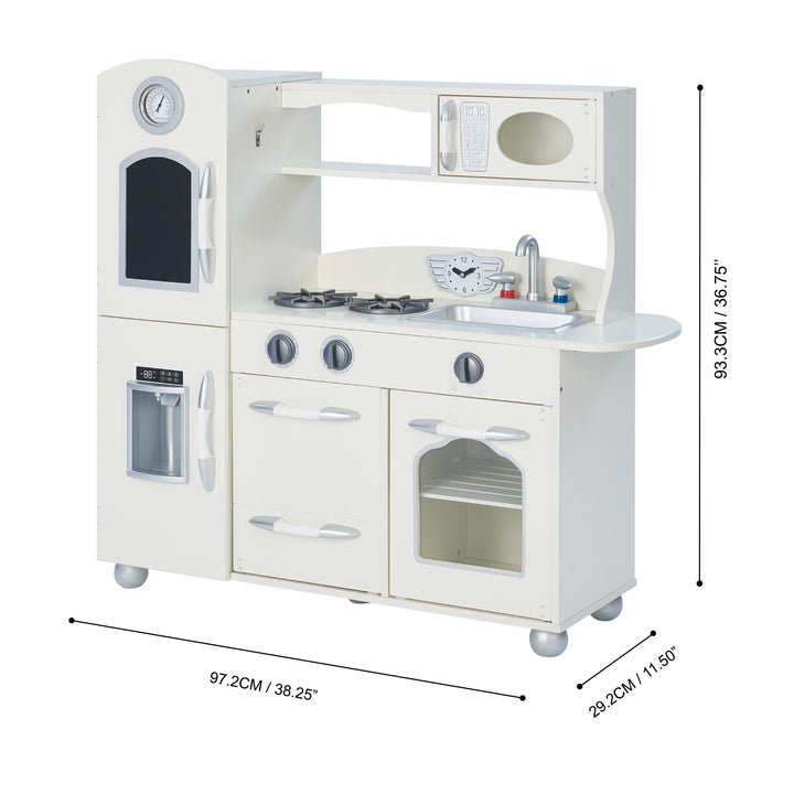 A Teamson Kids Little Chef Westchester Retro Kids Kitchen Playset, Ivory with interactive features and dimensions labeled.