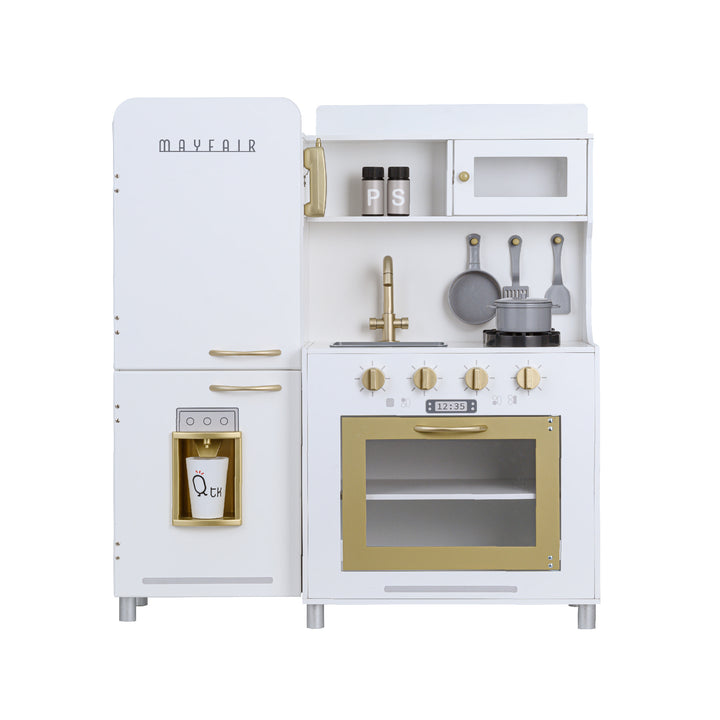 A Teamson Kids Little Chef Mayfair Classic Kids Kitchen Playset with 11 Accessories, White/Gold, including a fridge, stove, sink, and kitchen accessories with kid-sized dimensions, isolated on a white background.