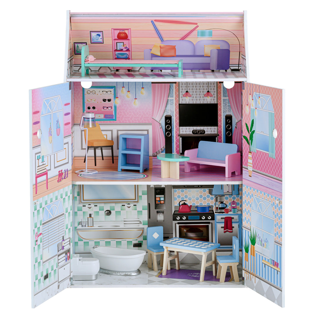 A Olivia's Little World Dreamland Glass-Look Dollhouse 10-piece furniture set scattered in each floor.
