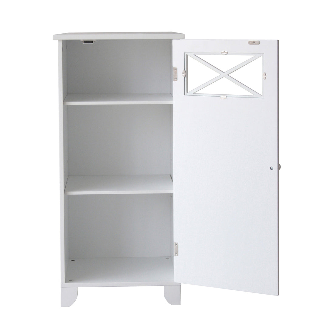 Teamson Home Dawson Floor Cabinet, White, with the cabinet door open revealing the adjustable shelves inside