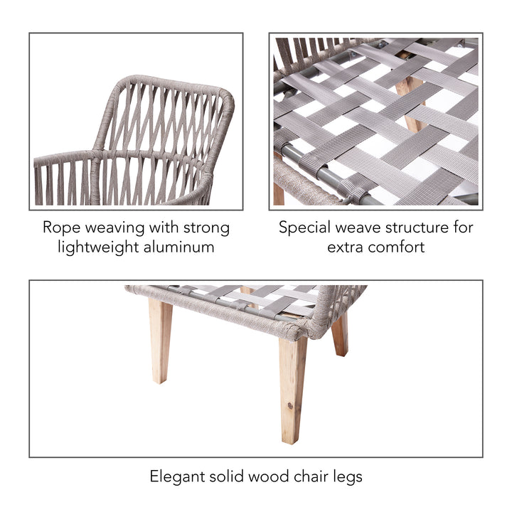 Teamson Home 3-Piece Rope & Acacia Wood Patio Set, Gray & Natural, with features including woven frame with lightweight aluminum and solid acacia wood legs