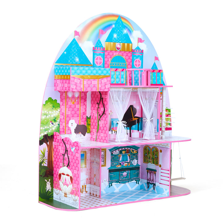 3-story dollhouse for 12" dolls, shaped and illustrated like a castle.