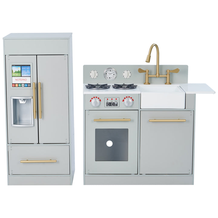 Teamson Kids Little Chef Charlotte Modern Play Kitchen, Silver Gray/Gold with stove, sink, and refrigerator.