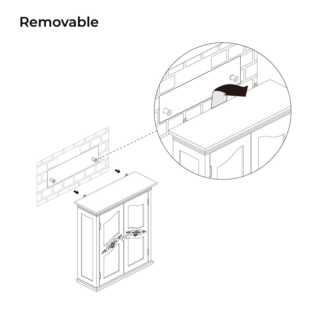 Illustration of a removable part on the Teamson Home Versailles Wooden Wall Cabinet with 2 Shelves, White, with a close-up view highlighting the detachment process.