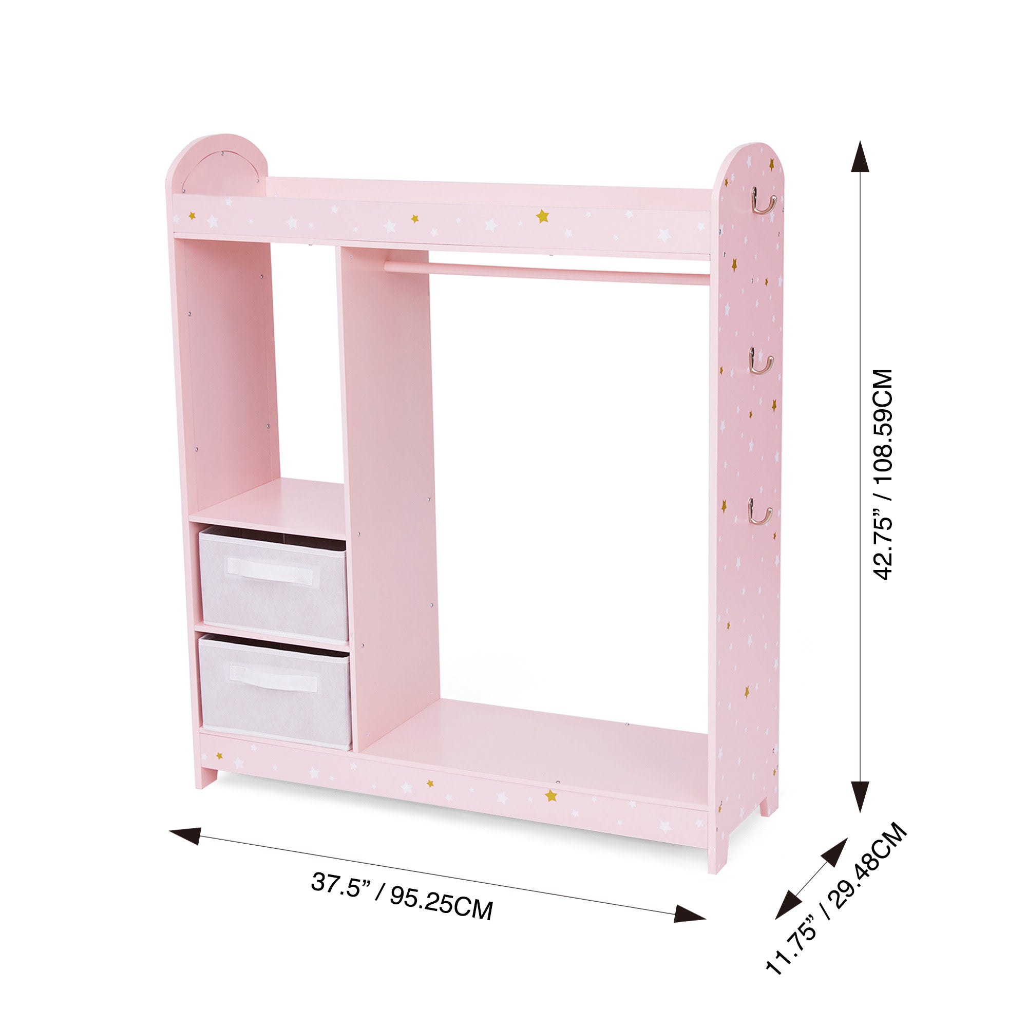 Fantasy Fields Kids Freestanding Jasmine Star Print Wooden Clothing Rack with Shelves and Storage Bins, Pink