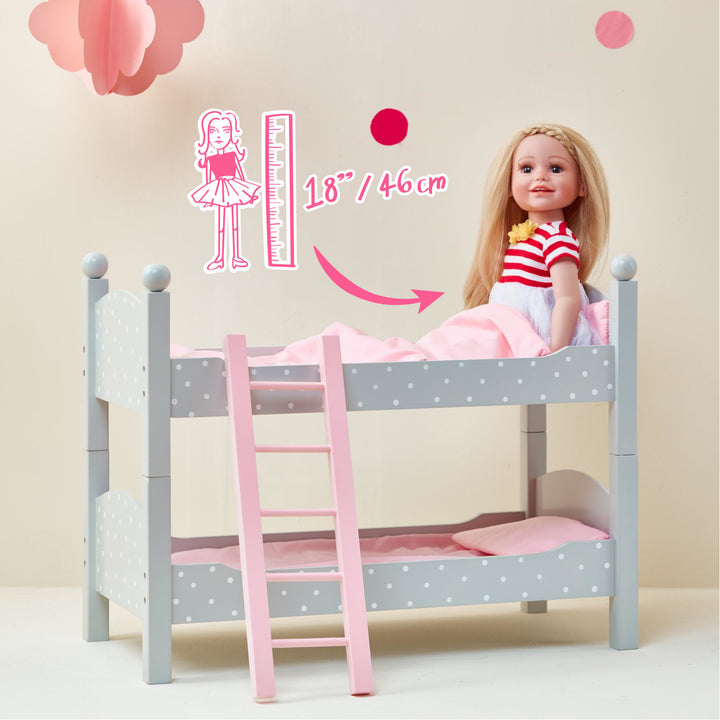 A gray in white polka dots bunk bed with a blonde 18" doll seated in the top bunk and an icon of a doll next to a 18" / 46 cm graphic.
