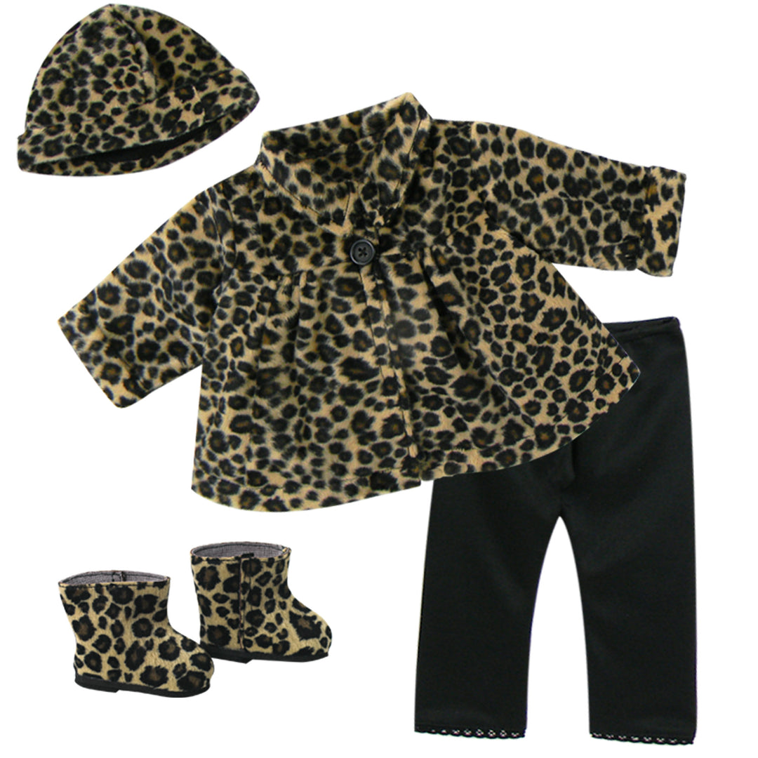 Leopard-print coat, hat, and boots with a pair of black leggings.