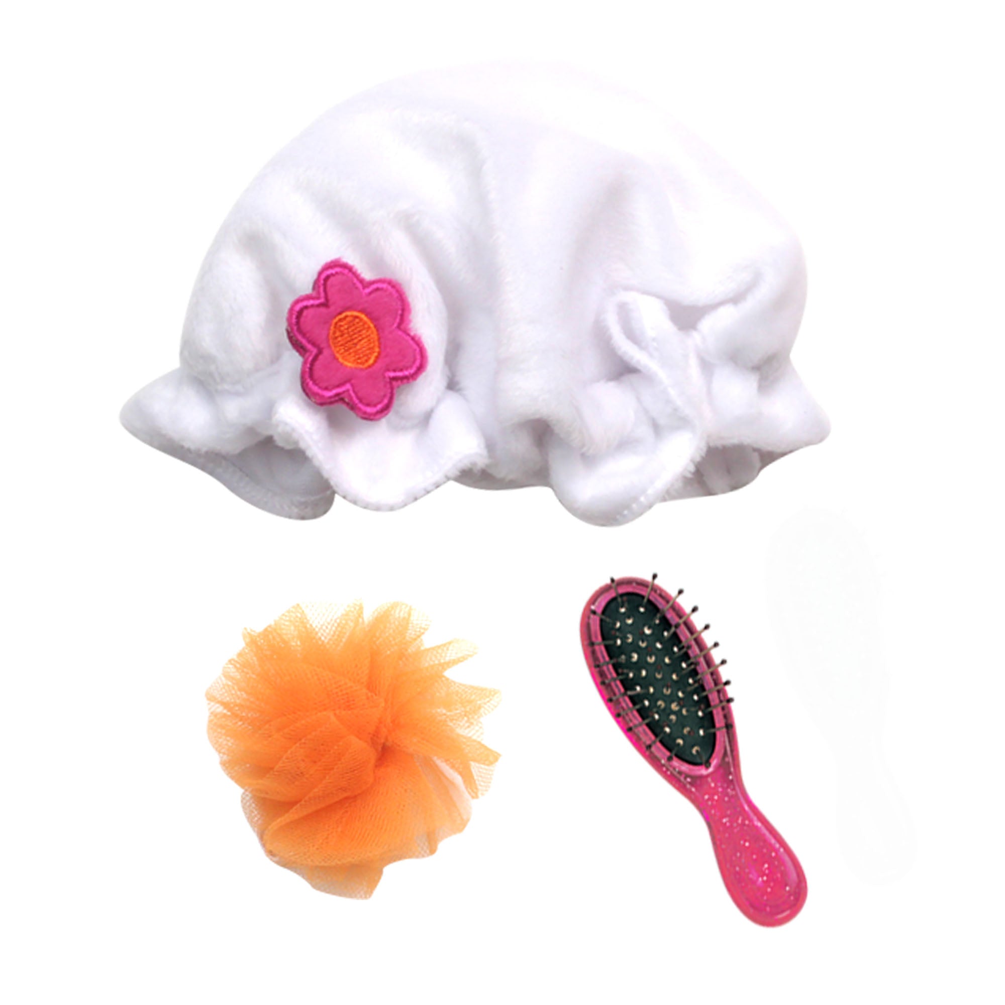 Sophia's 4 Piece Bath time Set Includes Towel Wrap, Shower Cap, Sponge & Hairbrush for 18" Dolls, White