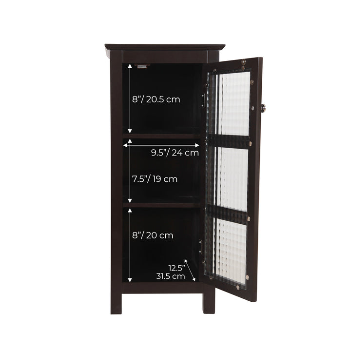 Internal dimensions in inches and centimeters for a Teamson Home Chesterfield Wooden Floor Cabinet with Waffle Glass Door, Espresso