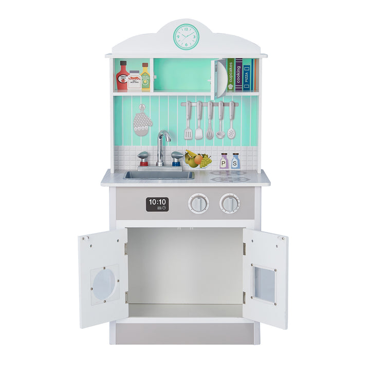 Teamson Kids Little Chef Madrid Classic Play Kitchen with Salt & Pepper Shakers, Mint/Gray with the doors open.