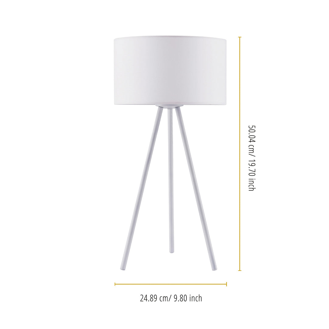 Dimensions in inches and centimeters of a Teamson Home 19.7" Eli Tripod Table Lamp with Drum Shade, White