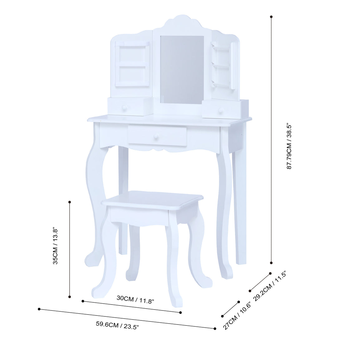 Dimensions for the white vanity plate and matching stool.