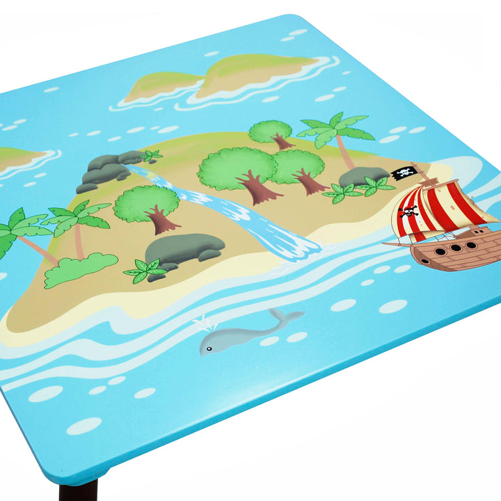Close-up of a light blue tabletop with a pirate-themed illustration.