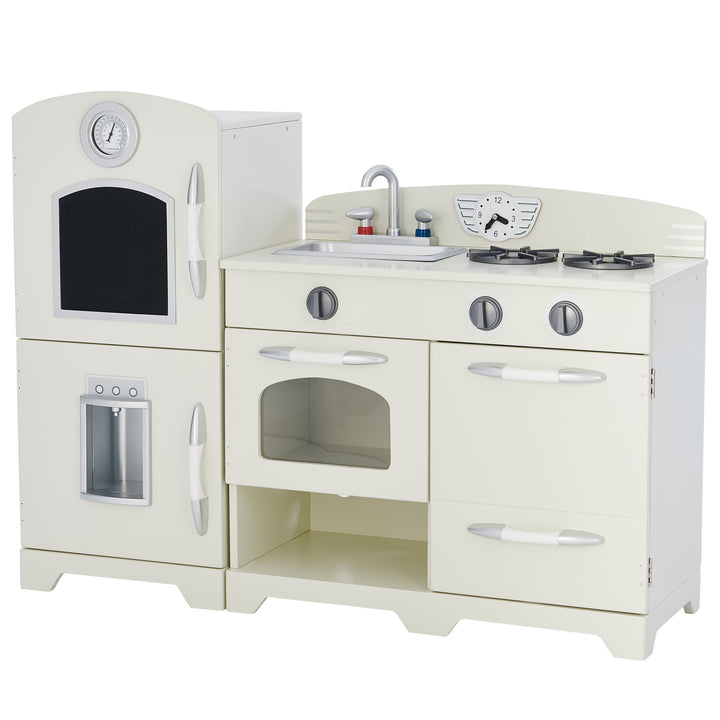 Teamson Kids Little Chef Fairfield Retro Kids Kitchen Playset with Refrigerator, Ivory with stove, oven, sink, and interactive features.