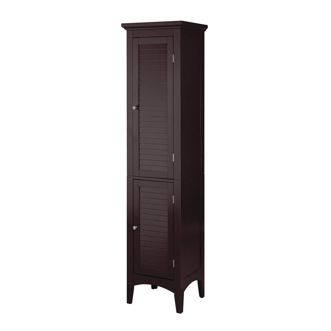 A side view of the A Dark Brown Teamson Home Glancy Linen Cabinet with louvred doors
