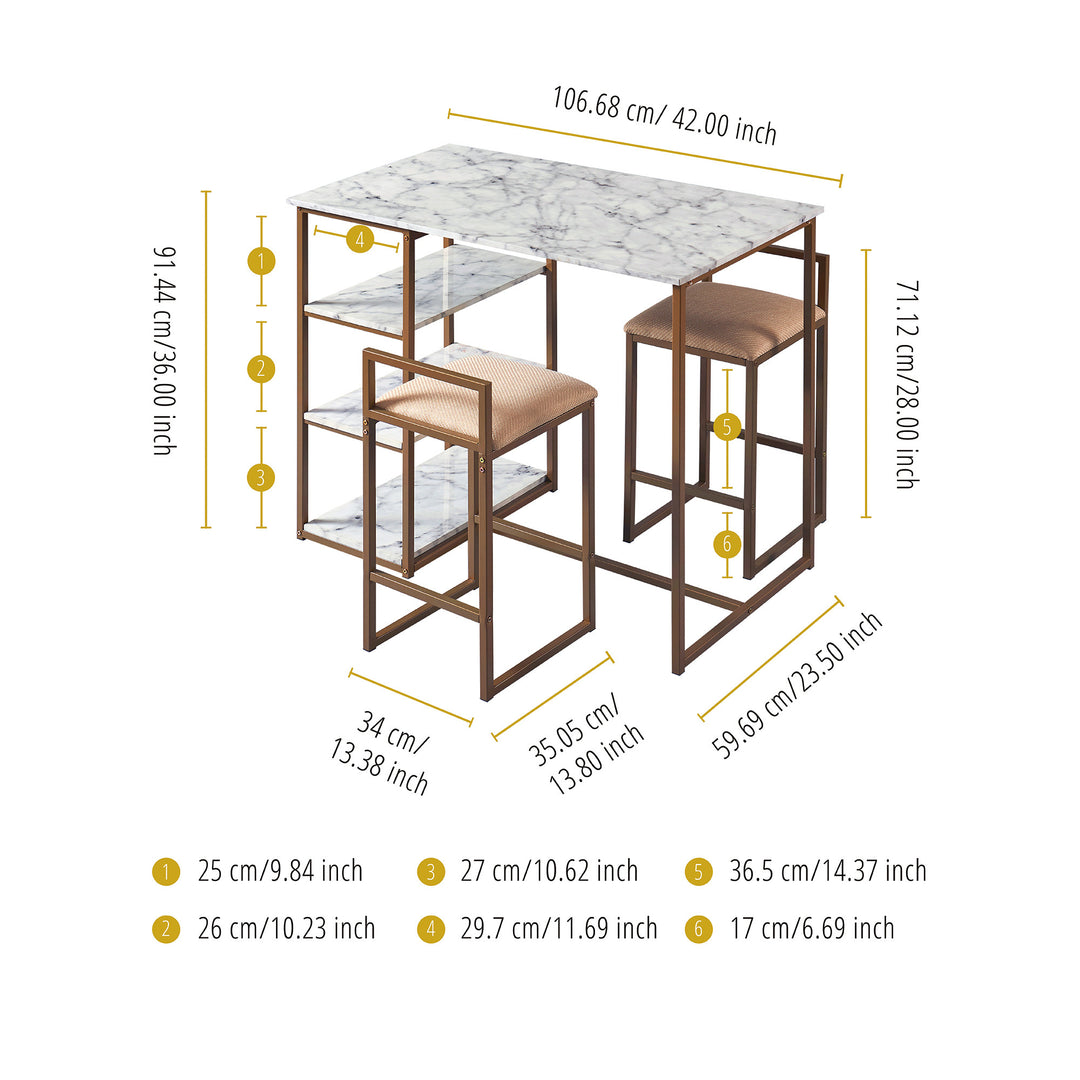 Dimensions in inches and centimeters for the Teamson Home Marmo Modern Breakfast Table Set in Faux Marble/Brass