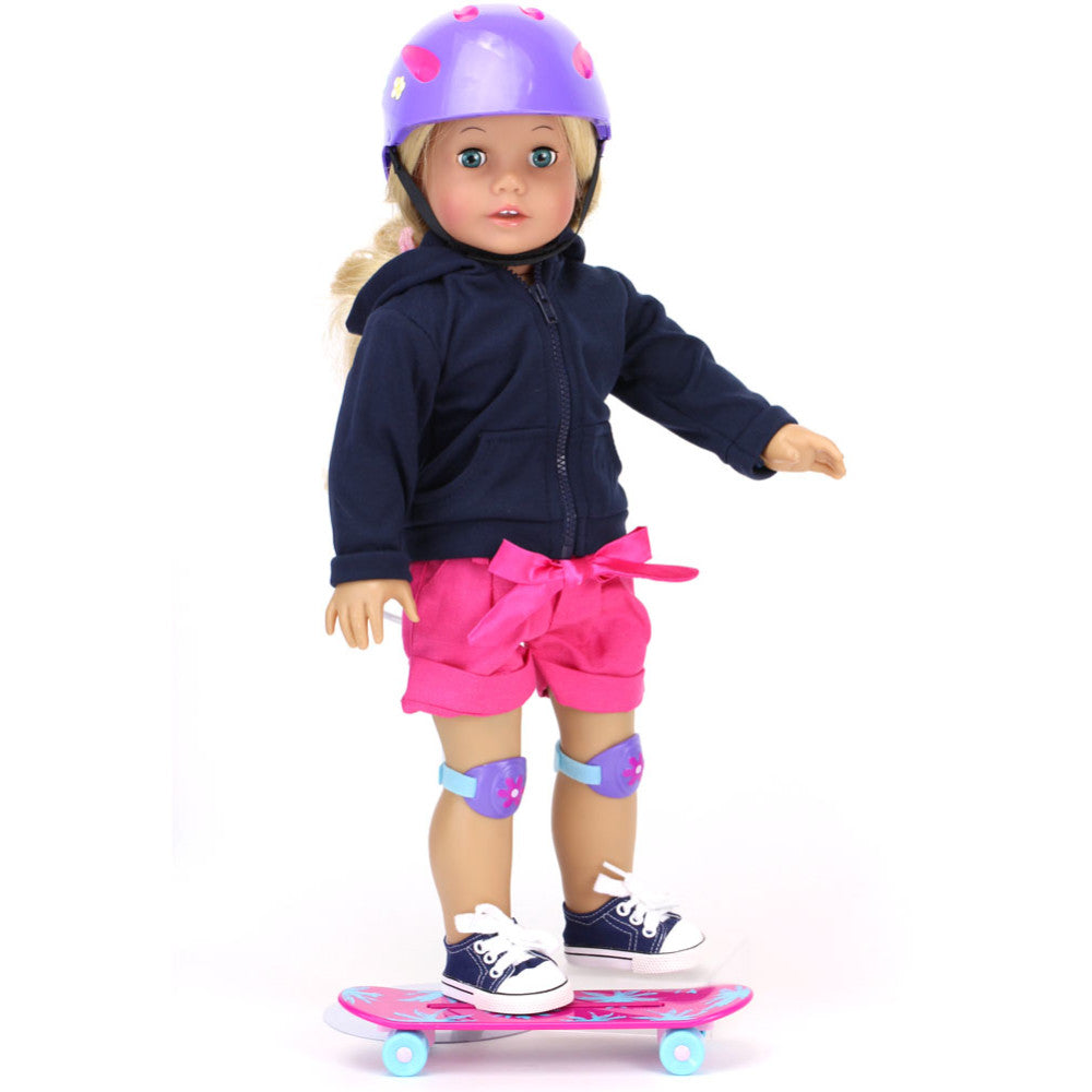 A blonde 18" doll with a purple helmet and knee pads standing on a pink and blue skateboard.