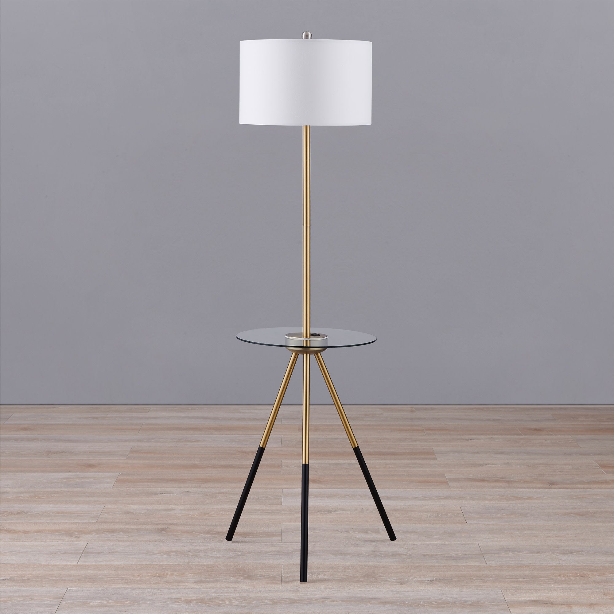 Teamson Home Myra Floor Lamp with Glass Table and Built-In USB Port, Gold/Black