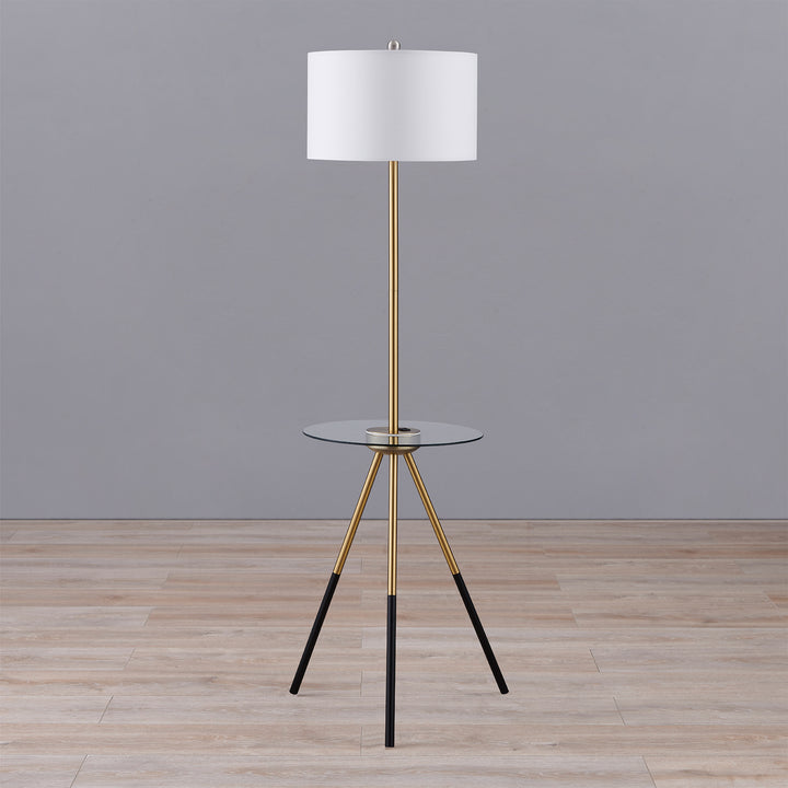 Teamson Home Myra Floor Lamp with Table, Gold/White Shade in a gray room
