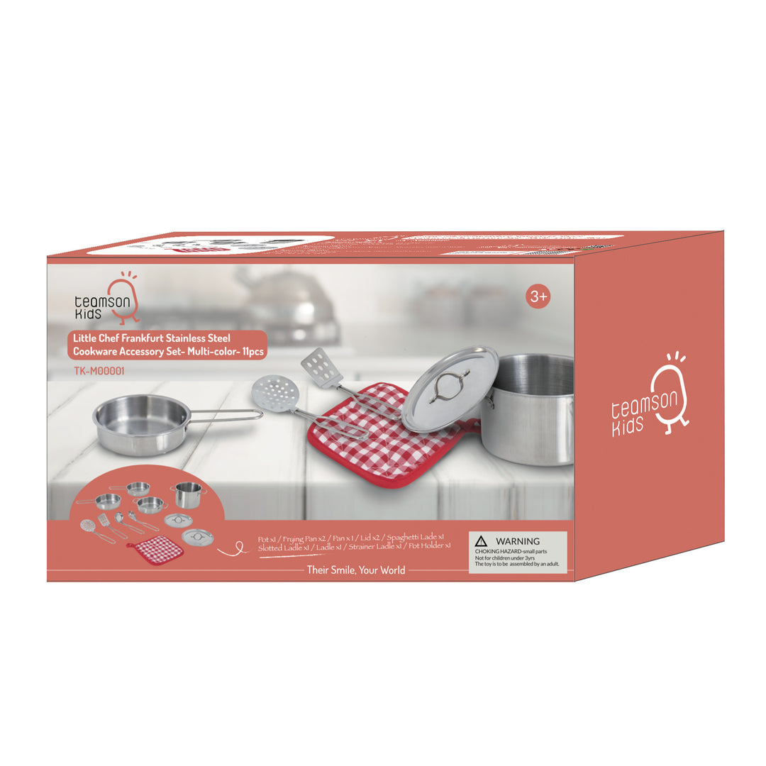 A Teamson Kids 11 Piece Little Chef Frankfurt Stainless Steel Cooking Accessory Set in a box, including pots, pans, and interactive tools.