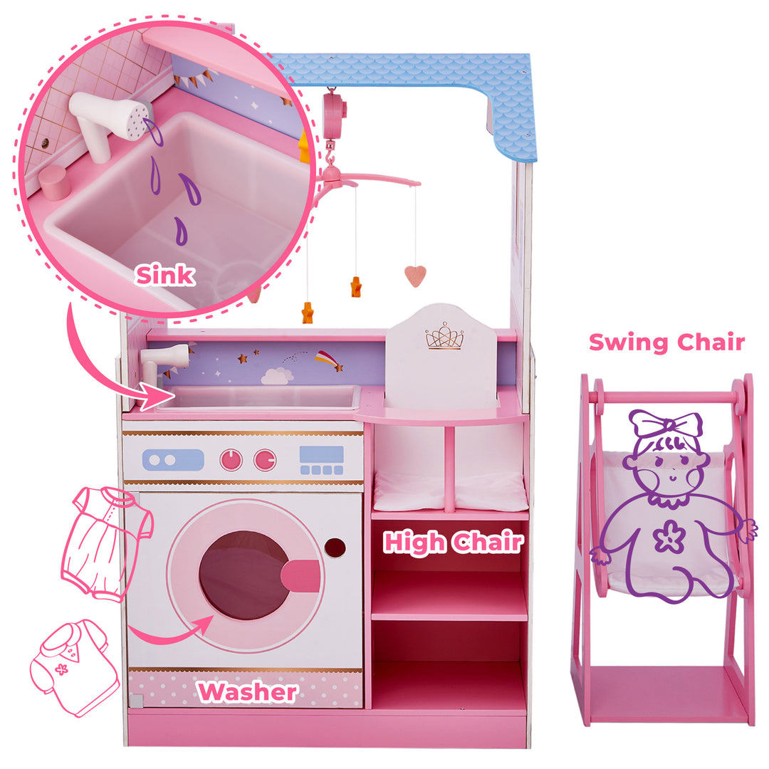 A callout of the sink, the washer, and the swing with icons added to illustrate their movements, with captions "sink", "washer", "high chair", and "swing chair"
