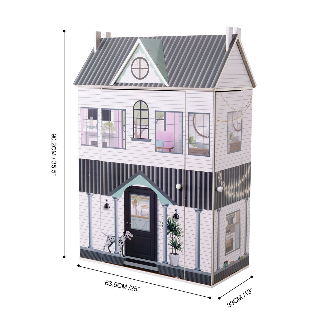 The exterior of a 3-story dollhouse with the dimensions in inches and centimeters.