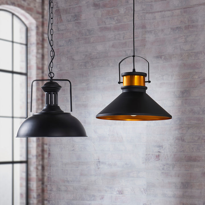 Two Teamson Home - Modisteria pendant lamps hanging in a room with a brick wall background.