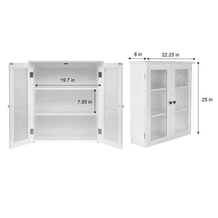 A Teamson Home White Connor Removable Wall Cabinet with Water-Textured Glass open, one closed, both with dimensions in inches listed