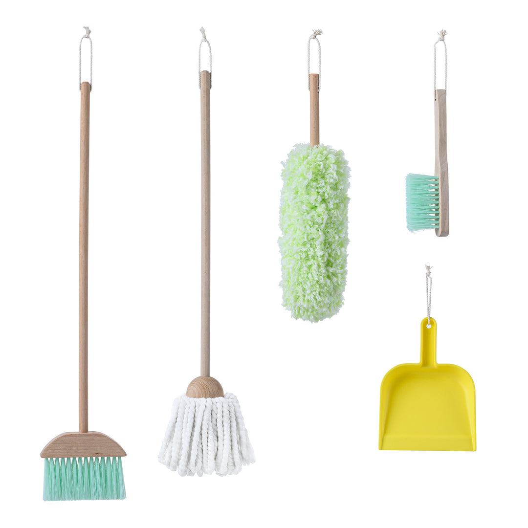 A set of Teamson Kids 6 Piece Little Helper Cleaning Set including a broom, mop, duster, brush, and dustpan with wooden handles, isolated on a white background.