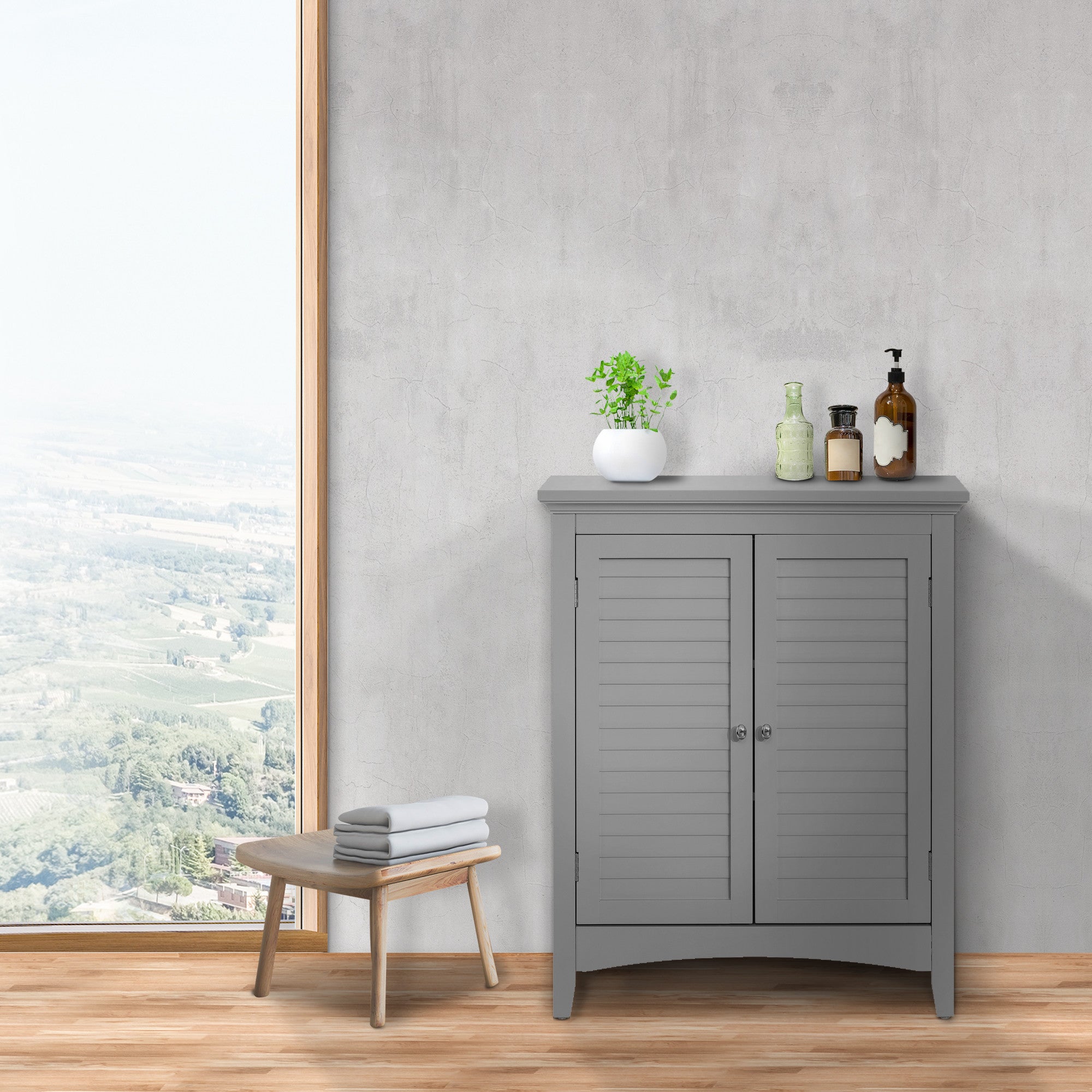 Teamson Home Glancy Wooden Floor Cabinet with Shutter Doors and Adjustable Shelves, Gray