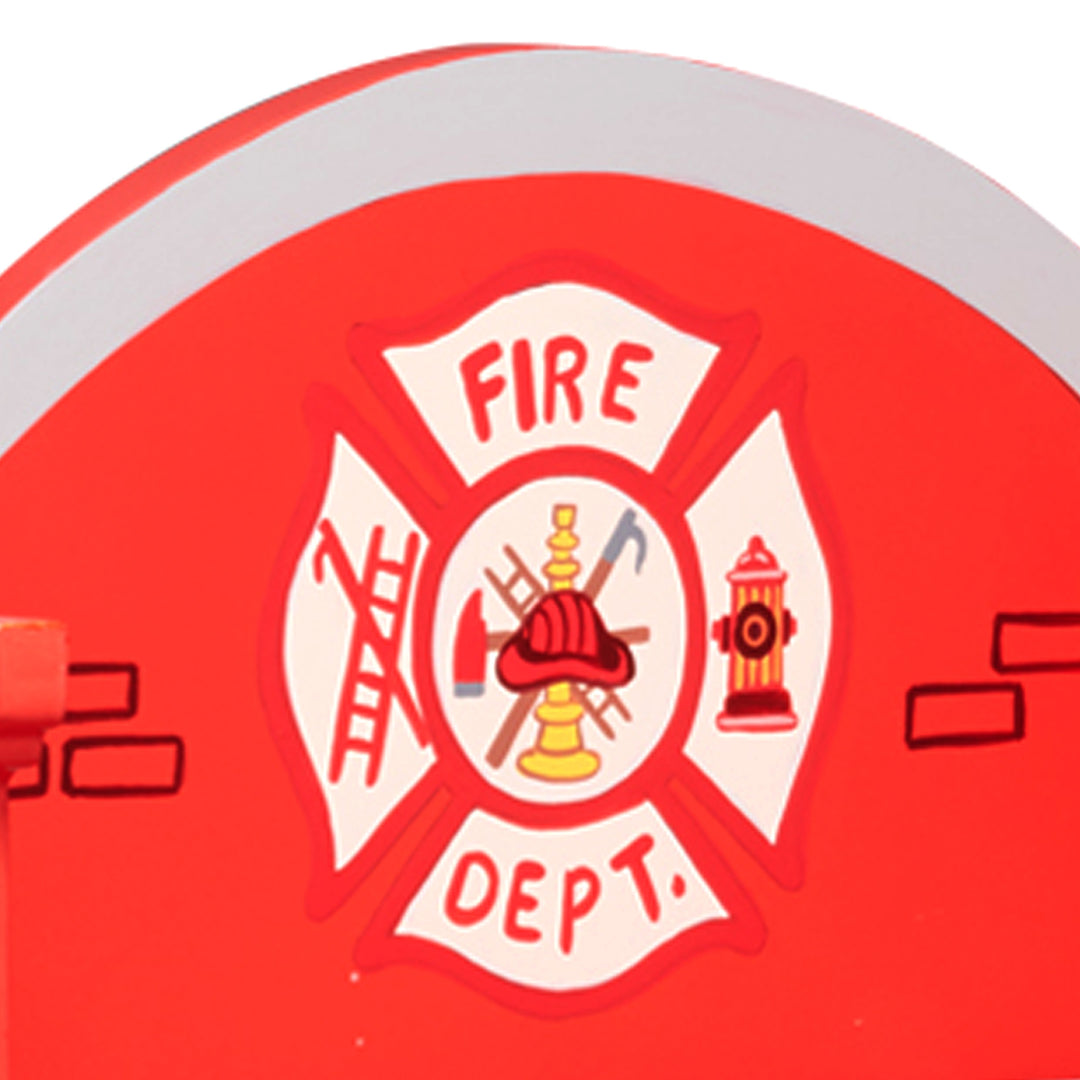 A red Fantasy Fields Little Fire Fighters Bookshelf with Drawer, Red with a Fire Fighters emblem on it.