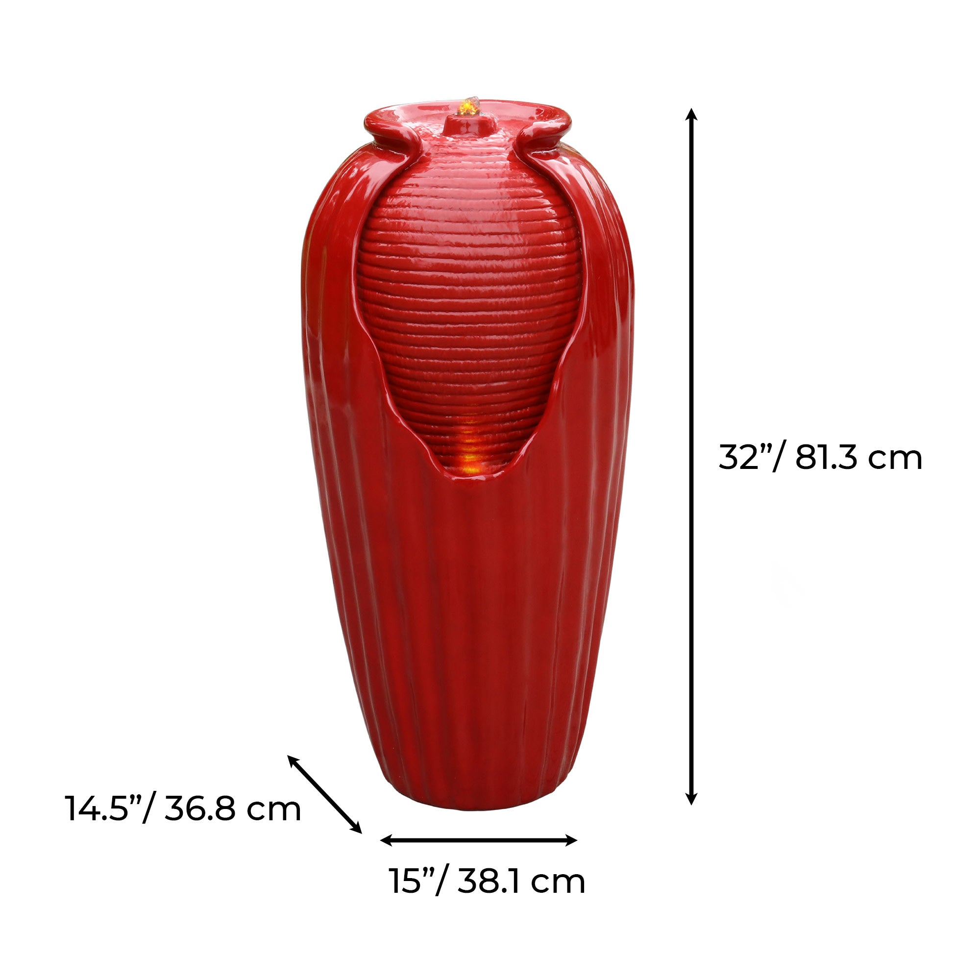 Teamson Home Indoor/Outdoor Contemporary Glazed Contoured Vase Water Fountain with LED Lights, Red