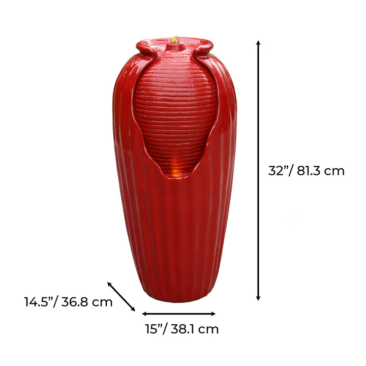 A Teamson Home Indoor/Outdoor Contemporary Glazed Contoured Vase Water Fountain with LED Lights, Red with dimensions labeled: height 32 inches (81.3 cm), width 15 inches (38.1 cm), and neck diameter 14.5 inches (36.8 cm).