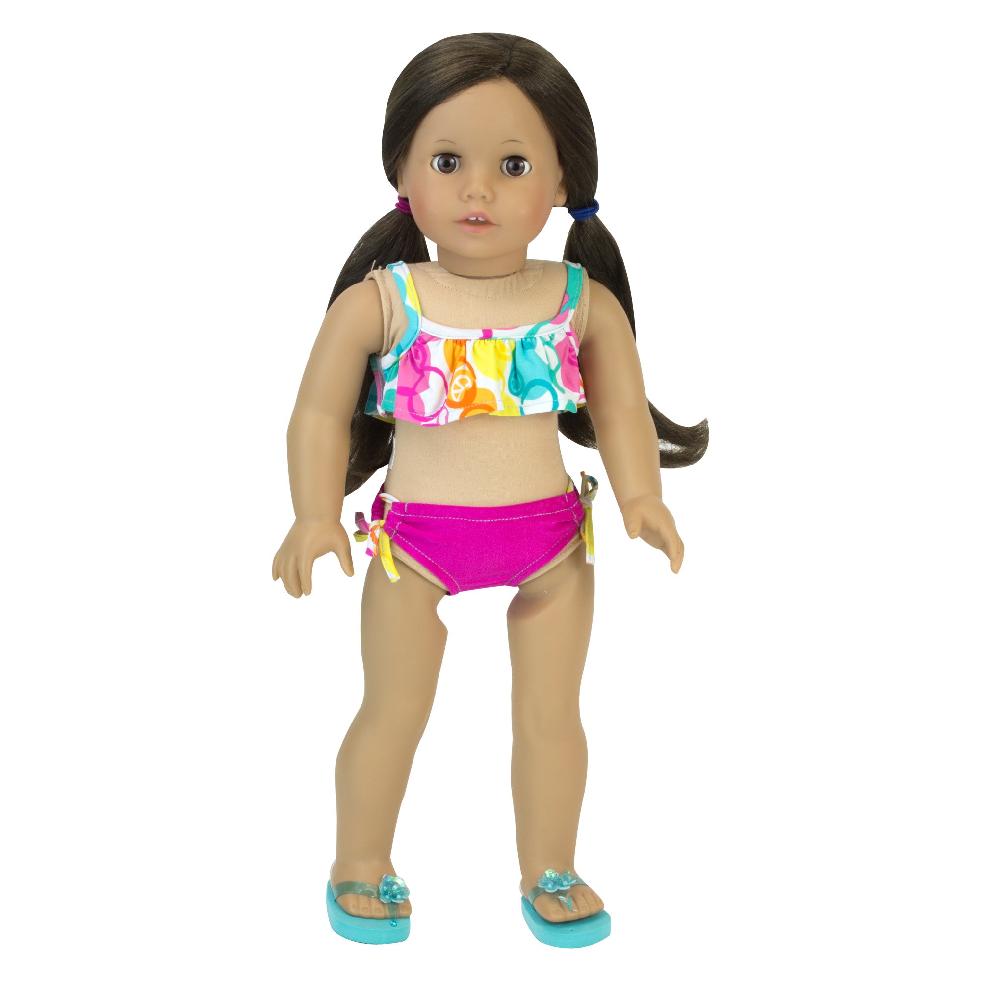 Sophia’s Colorful Mix & Match Bubble Print Cropped Ruffle Bikini Top & Solid-Colored Swimsuit Bottoms for 18” Dolls, Hot Pink
