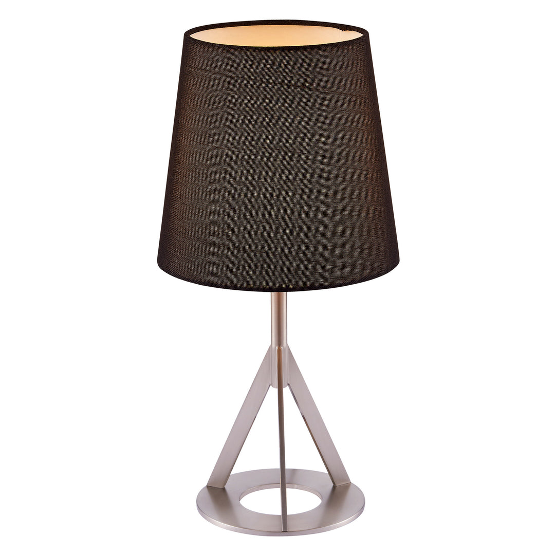 Teamson Home's Aria 15" table lamp with a black linen-like shade and a geometric base in nickel.