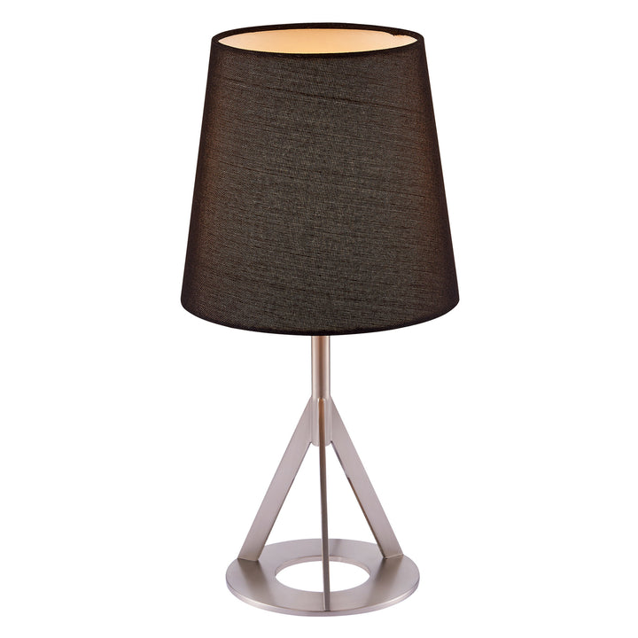 Teamson Home's Aria 15" table lamp with a black linen-like shade and a geometric base in nickel.