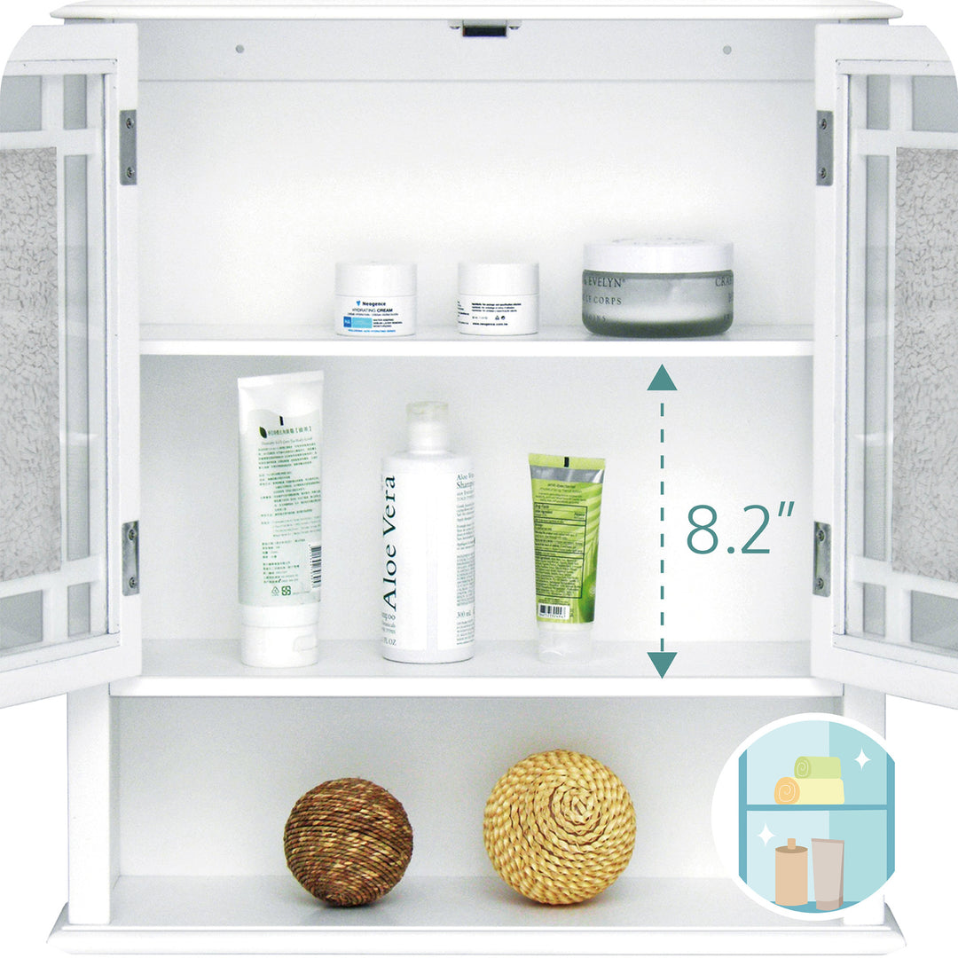 Teamson Home White Windsor Removable Wall Cabinet with Glass Mosaic Doors with adjustable storage and durable design, stocked with skincare products and decorative baskets, featuring a measurement of 8.2 inches between shelves.