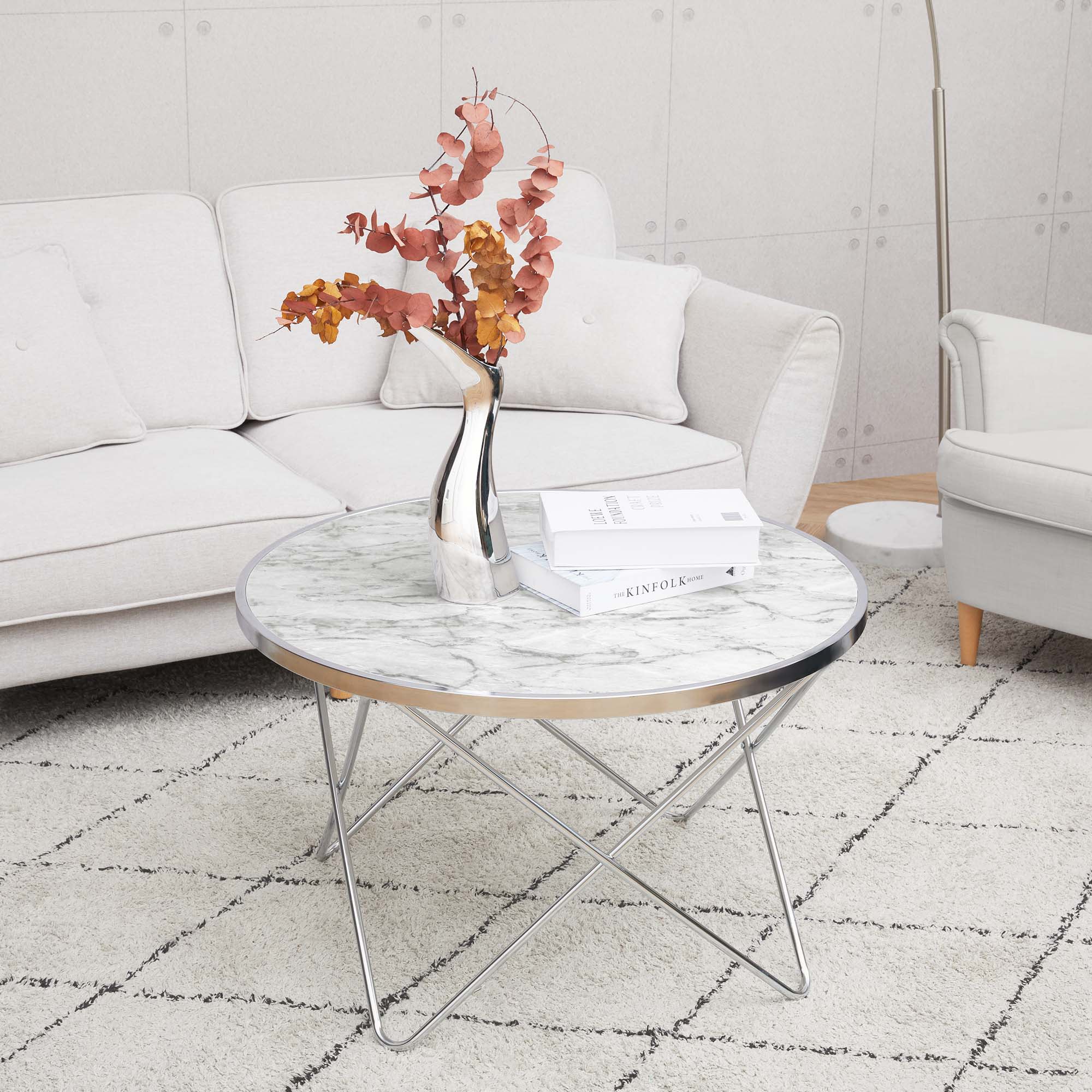 Teamson Home Margo Small Round Faux White Carrara Marble Coffee Table, White