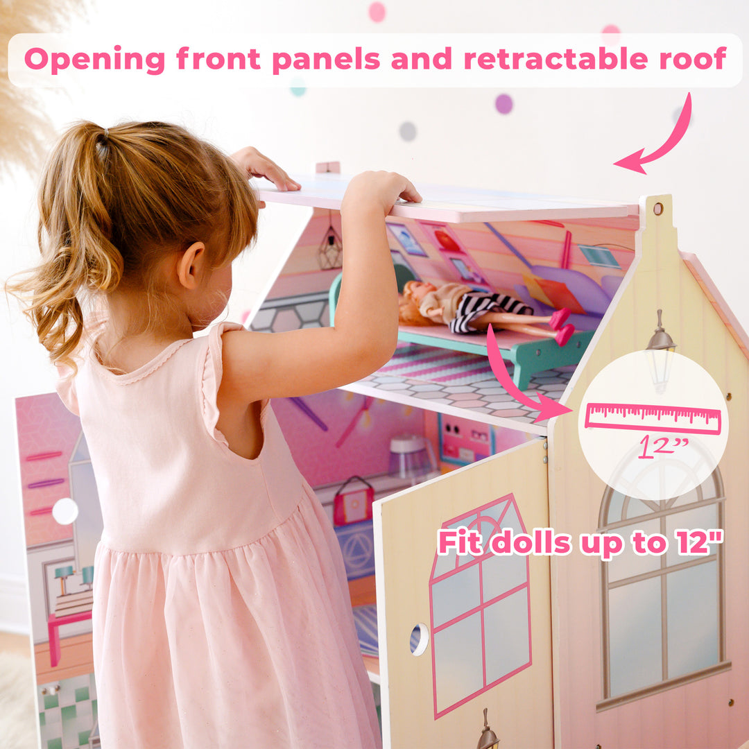 A little girl opening the loft of her three story dollhouse with the caption "opening front panels and retractable roof" and "fit dolls up to 12"