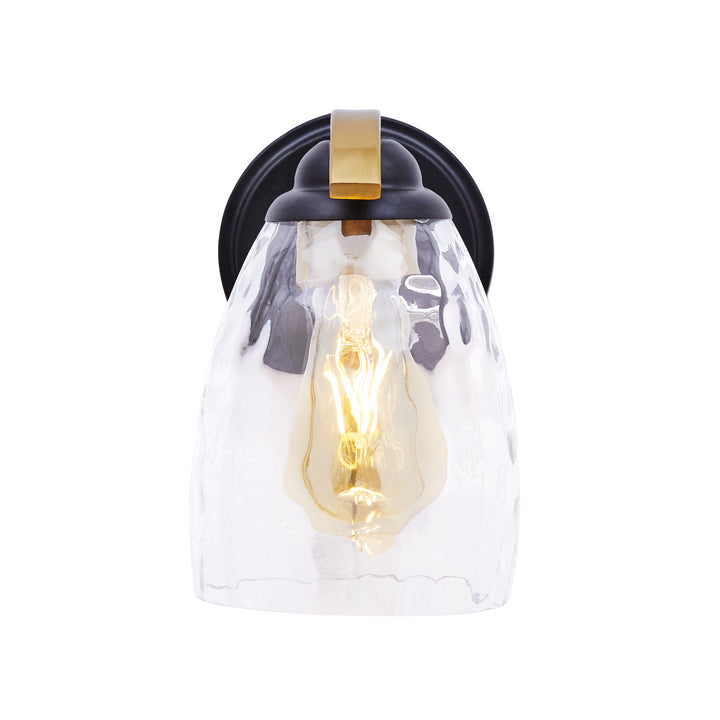 Teamson Home Heidi Wall Sconce with Clear Hammered Glass Cloche Shade, Black/Brass with the light on inside