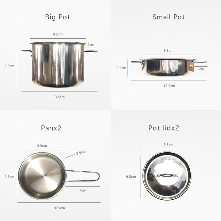 A comparative display of Teamson Kids 11 Piece Little Chef Frankfurt Stainless Steel Cooking Accessory Set with dimensions: a large pot, a small pot, and two types of pans, viewed from the side and top.