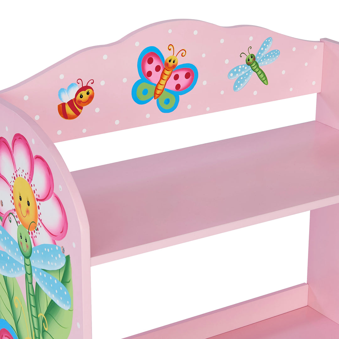 A Fantasy Fields Magic Garden Kids Wooden Toy Organizer with Rolling Storage Box, Pink with butterflies and flowers.