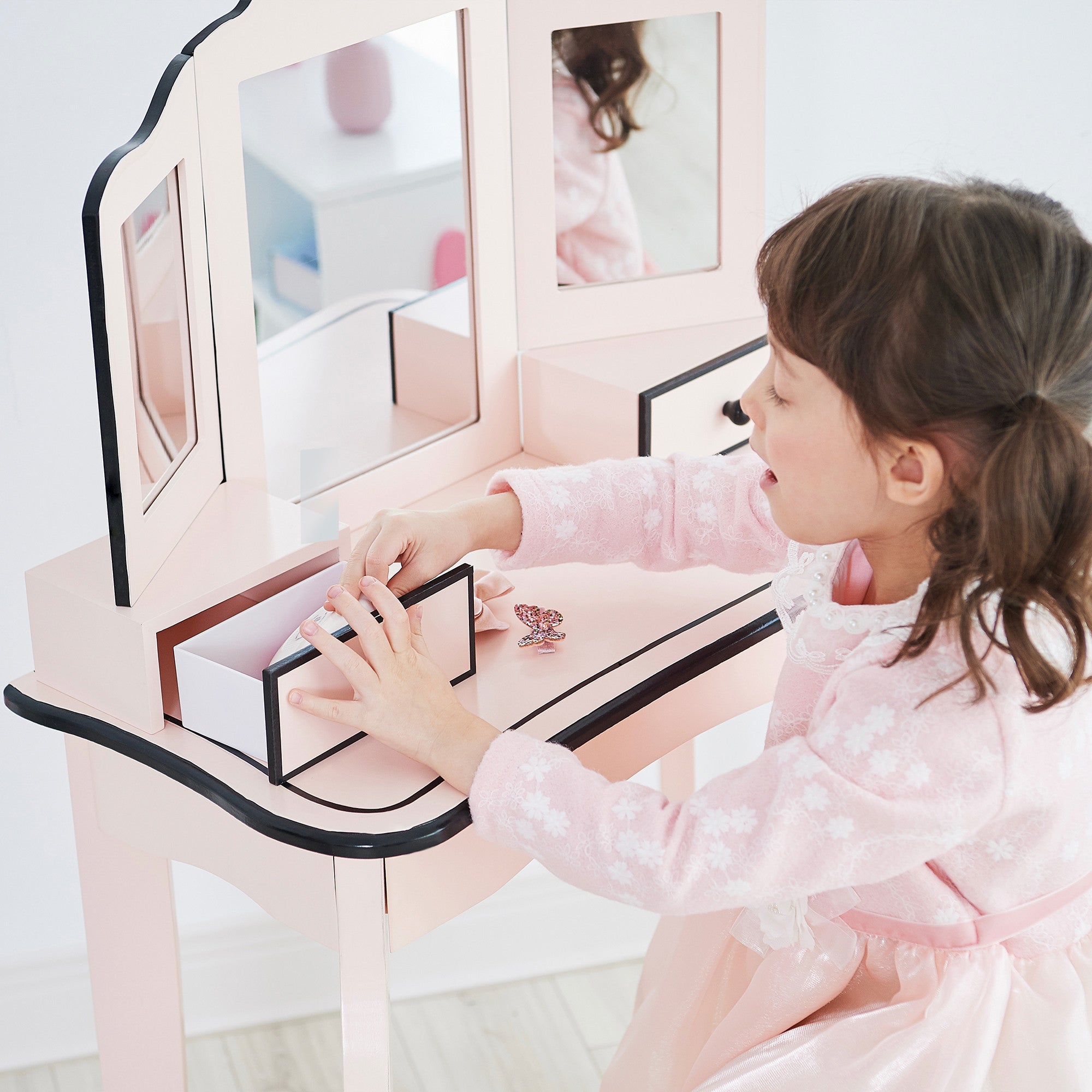 Fantasy Fields Kids Little Lady Adriana Vanity Set with Tri-Fold Mirror and Chair, Pink/Black