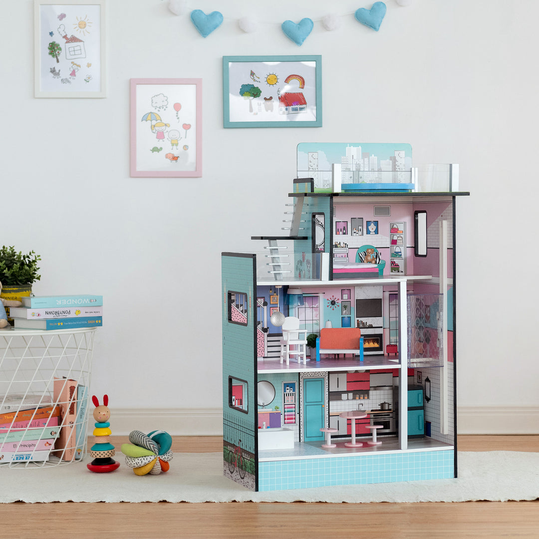Olivia's Little World Dreamland Barcelona Dollhouse with 10 Accessories, Turquoise/Black with accessories in a playroom.