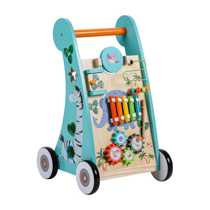 Teamson Kids Preschool Play Lab wooden baby walker and activity station with durable construction, activity panels, and xylophone.