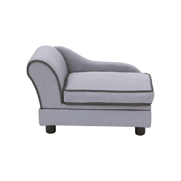 A gray chaise lounge pet bed for cats of small dogs with a storage place.