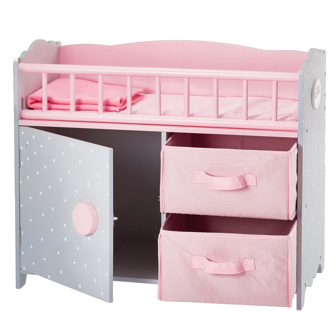 A Olivia's Little World Polka Dots Princess Baby Doll Crib with Storage Closet and Drawers, Gray/Pink with easy-to-clean storage.