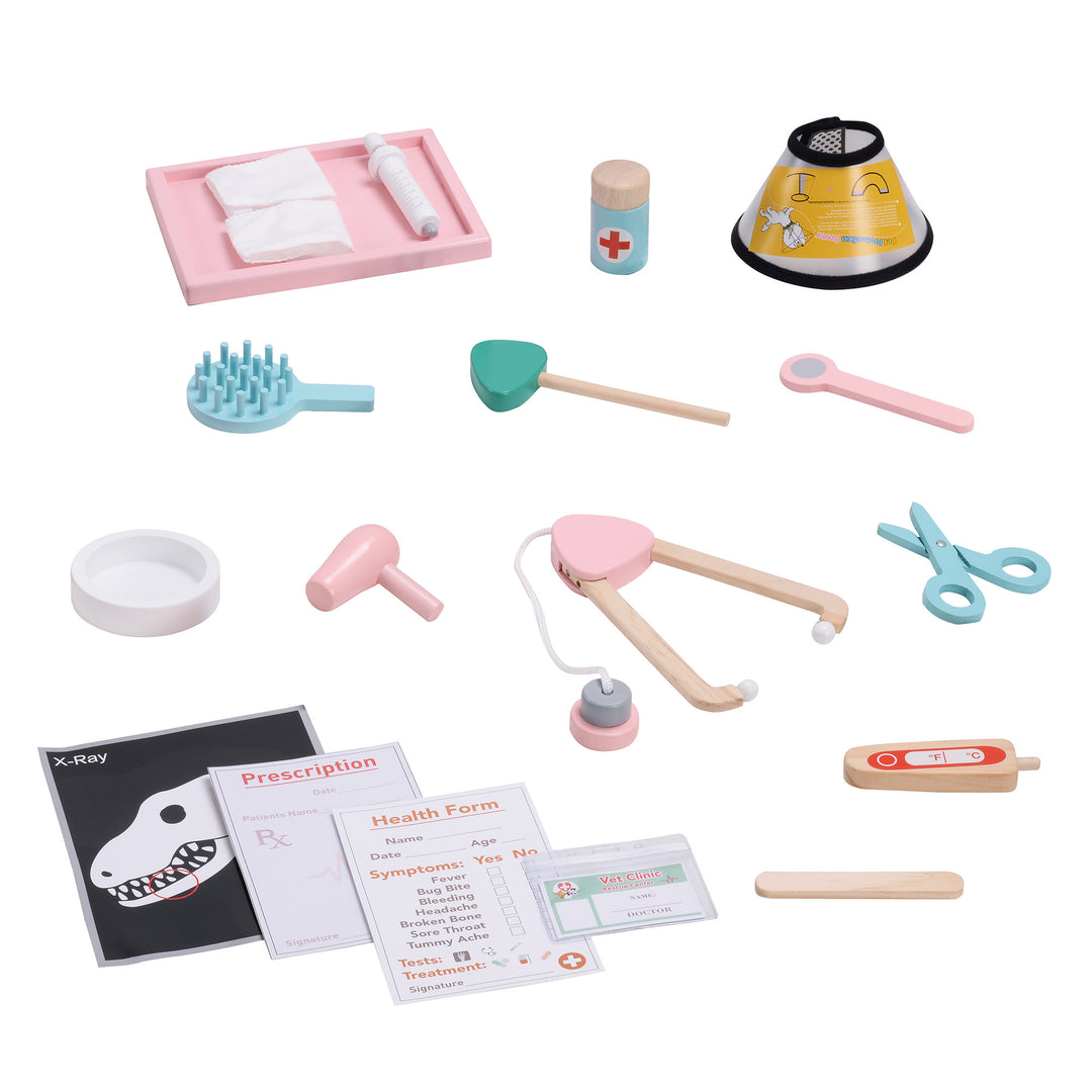 Collection of Teamson Kids Little Helper Wooden Pet Care and Veterinary Clinic Playset equipment and accessories on a white background.