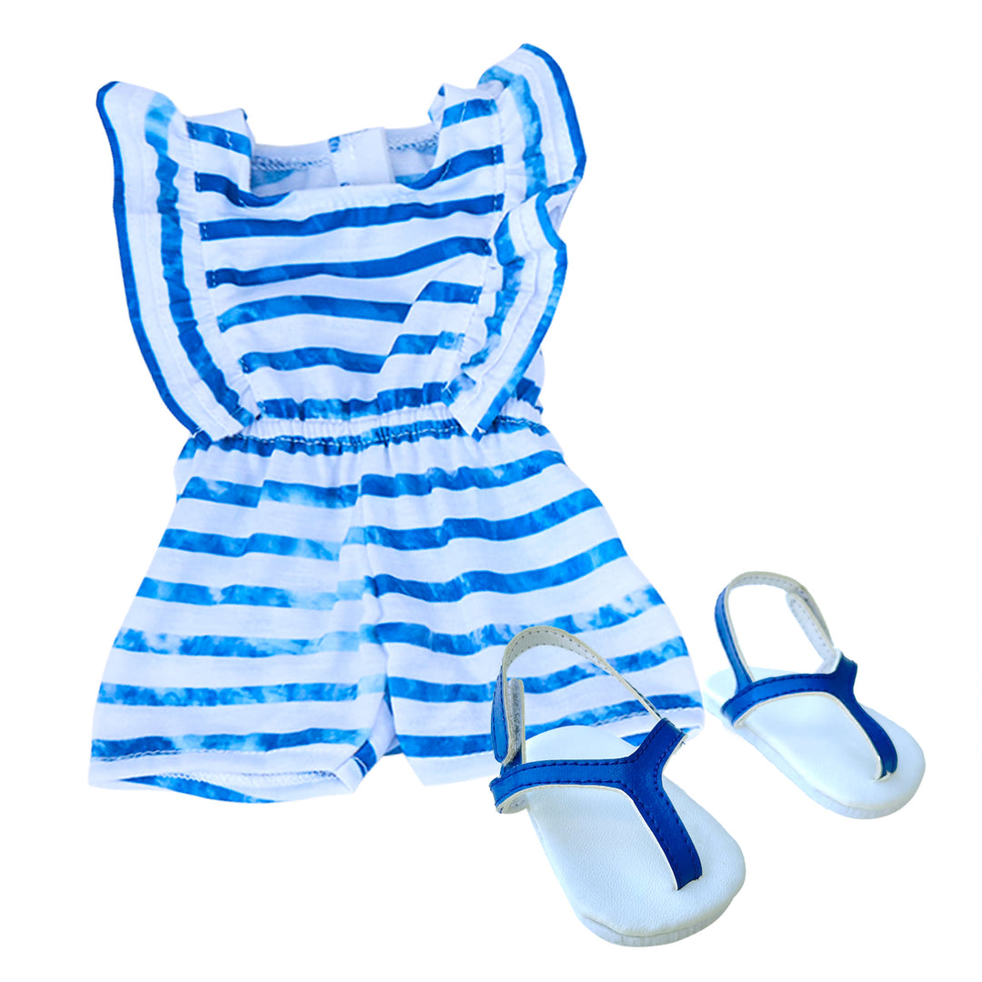 Sophia's Striped Ruffled Cap Romper and Sandals for 18" Dolls, Blue/White