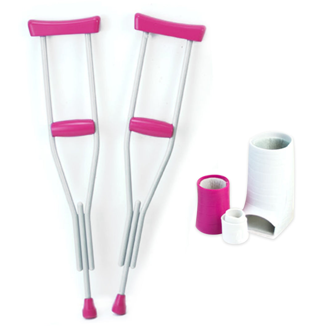 Set includes pink and silver crutches, a pink cast, a white cast and a white wrap sized for 18" dolls.